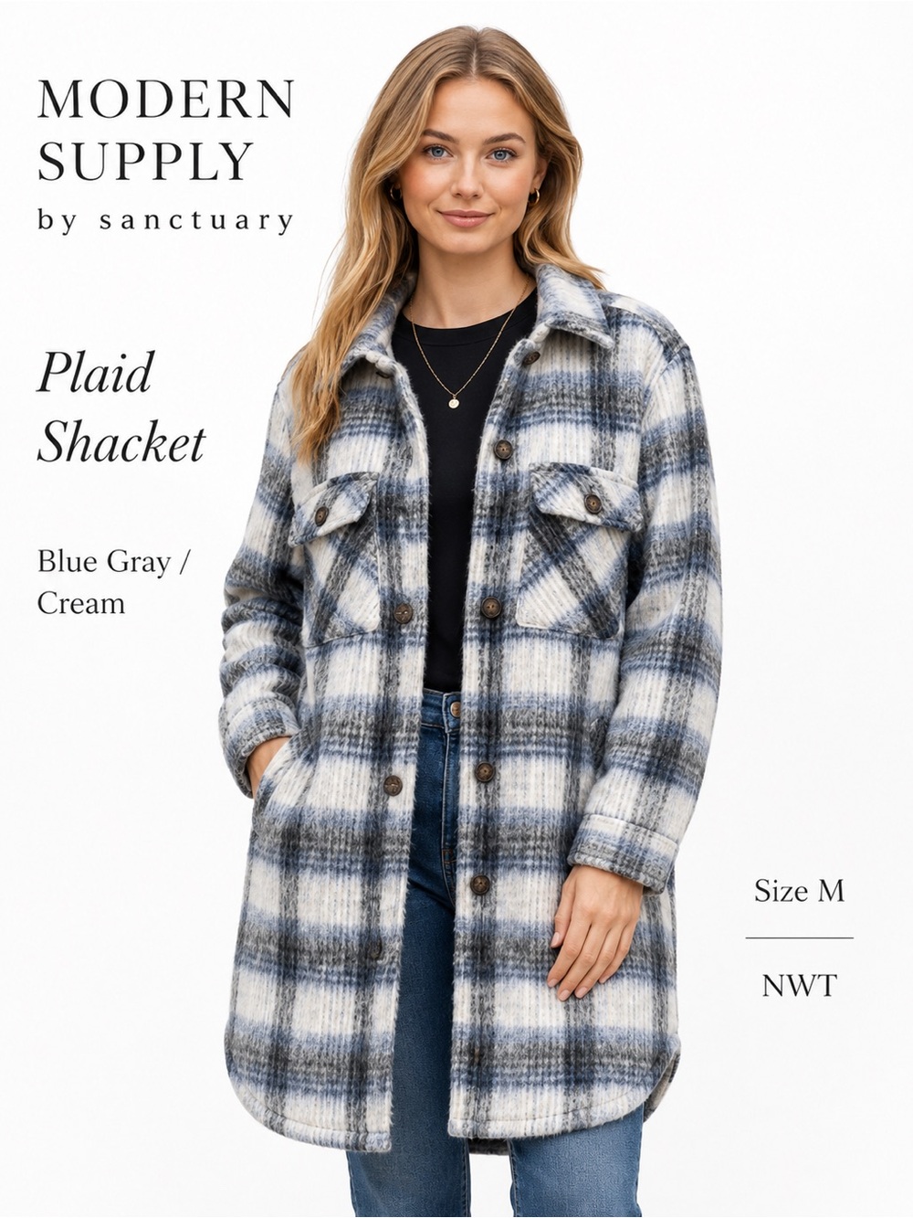 Modern Supply by Sanctuary Plaid Shacket NWt blue gray cream jacket